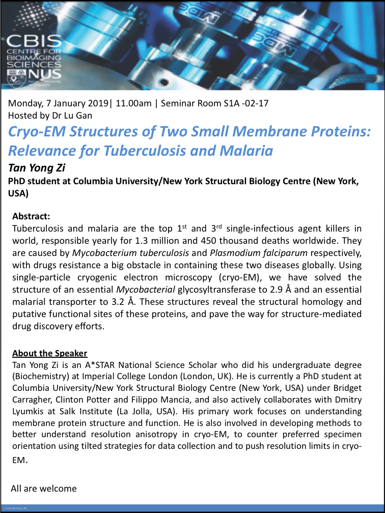 CBIS SEMINAR: CRYO-EM STRUCTURES OF TWO SMALL MEMBRANE PROTEINS: RELEVANCE FOR TUBERCULOSIS AND MALARIA