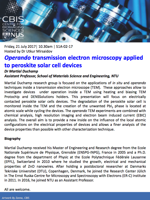 CBIS Seminar: Operando transmission electron microscopy applied to peroskite solar cell devices by Martial Duchamp