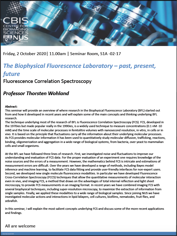 CBIS Seminar: The biophysical fluorescence laboratory–past, present, and future by Thorsten Wohland