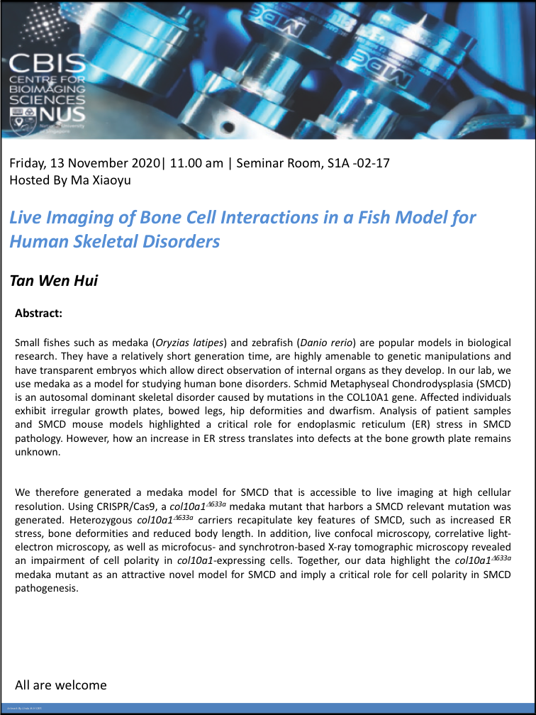 CBIS Seminar: Live imaging of bone cell interactions in a fish model for human skeletal disorders by Tan Wen Hui