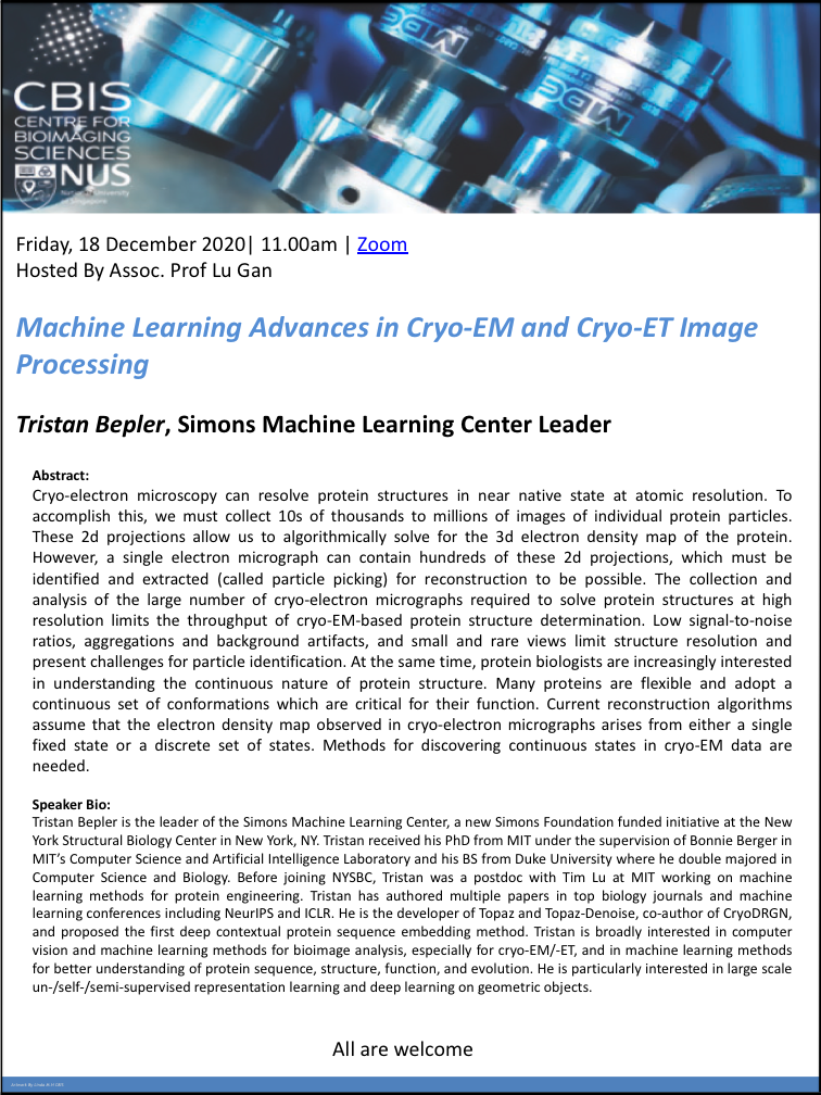 CBIS Seminar: Machine learning advances in cryo-EM and cryo-ET image processing by Tristan Bepler