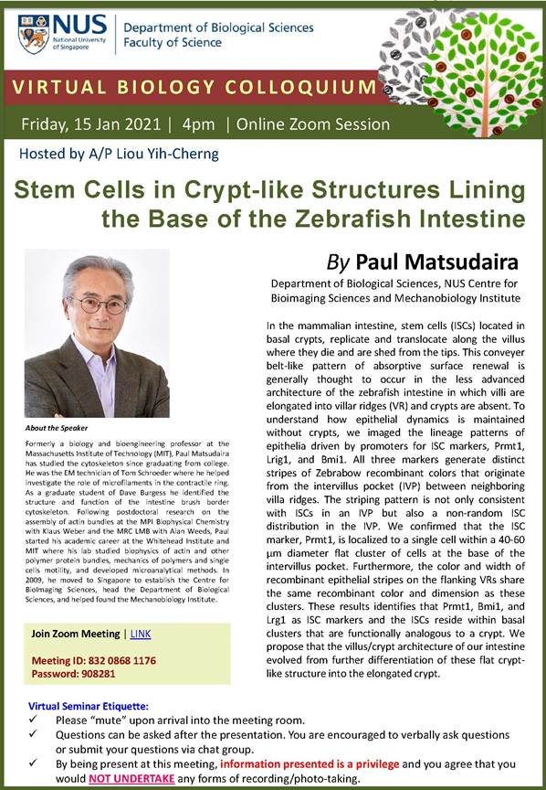 Virtual Biology Colloquium: Stem Cells in Crypt-like Structures Lining the Base of the Zebrafish Intestine by Paul Matsudaira