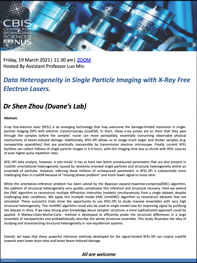 CBIS Seminar: Data heterogeneity in single particle imaging with X-ray free electron lasers by Shen Zhou
