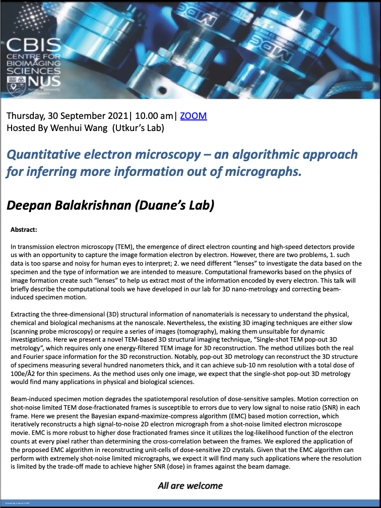 CBIS Seminar: Quantitative electron microscopy–an algorithmic approach for inferring more information out of micrographs by Deepan Balakrishnan