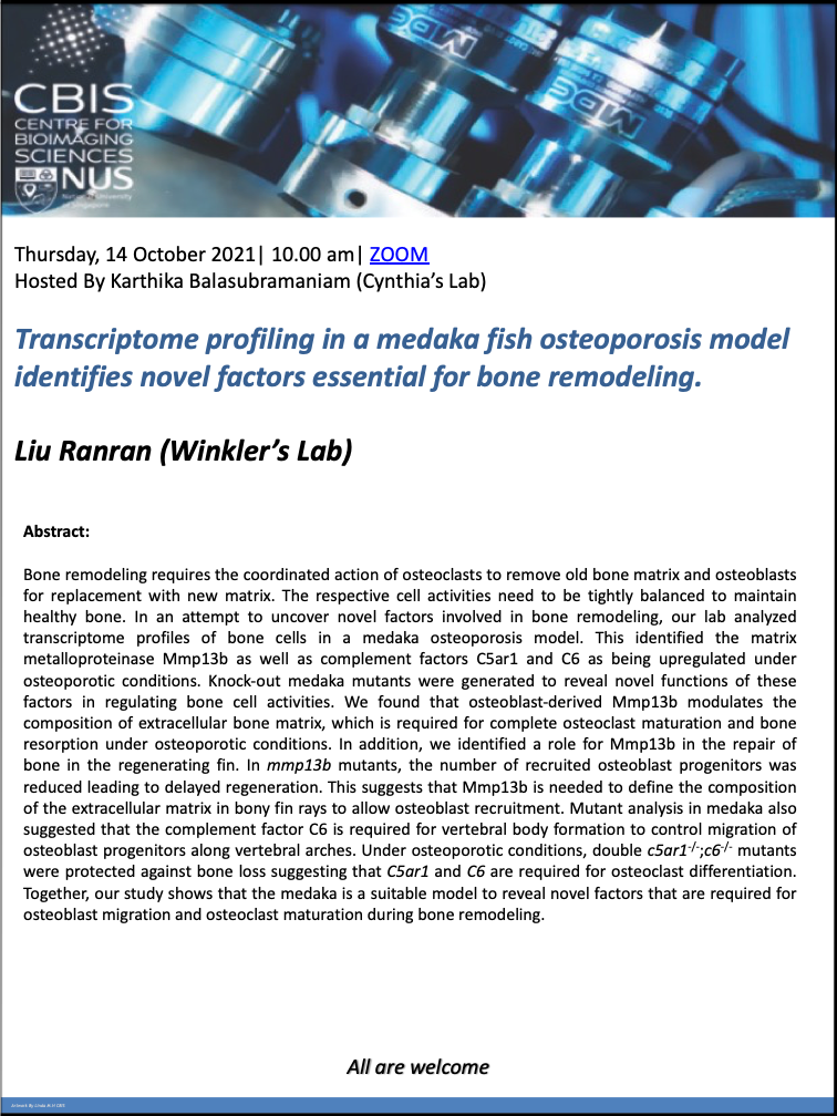 CBIS Seminar: Transcriptome profiling in a medaka fish osteoporosis model identifies novel factors essential for bone remodeling by Liu Ranran