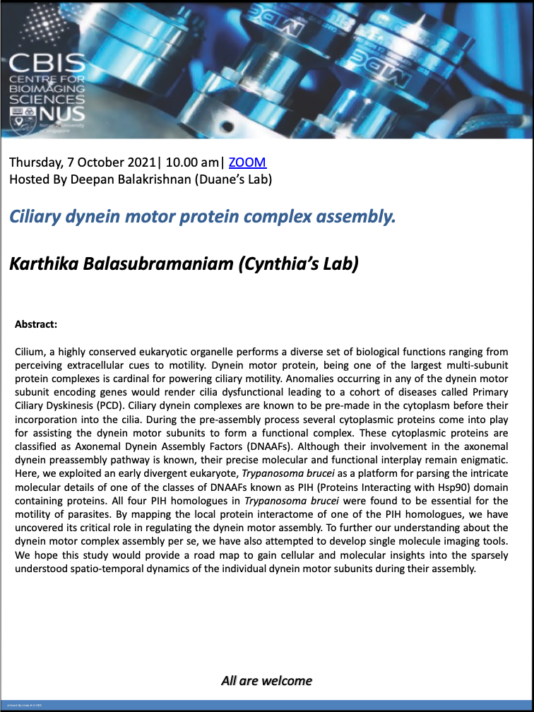 CBIS Seminar: Ciliary dynein motor protein complex assembly by Karthika Blasubramaniam