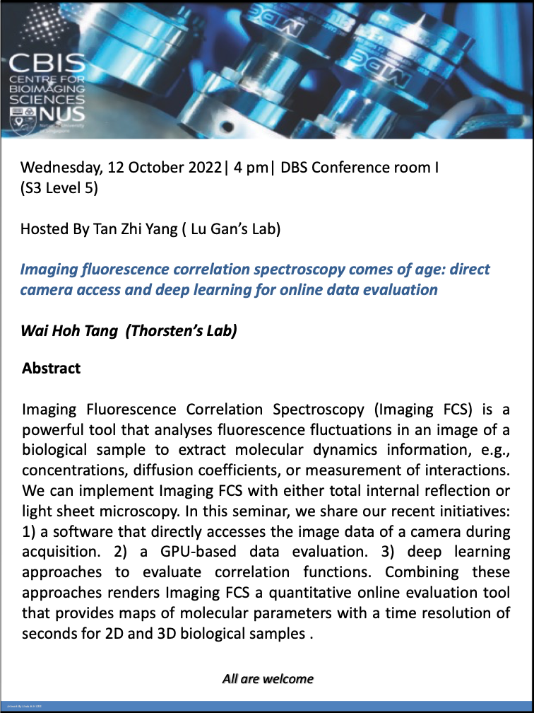 CBIS Seminar: Imaging fluorescence correlation spectroscopy comes of age: direct camera access and deep learning for online data evaluation