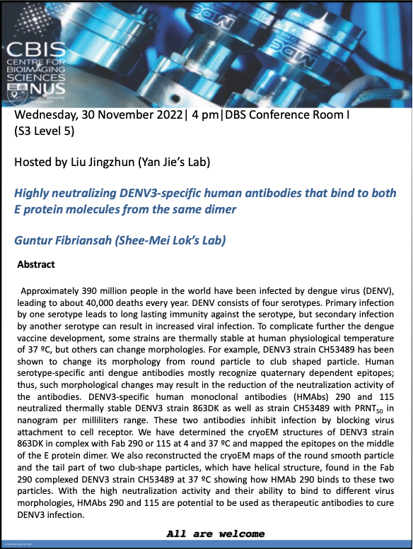 CBIS Seminar: Highly neutralizing DENV3-specific human antibodies that bind to both E protein molecules from the same dimer