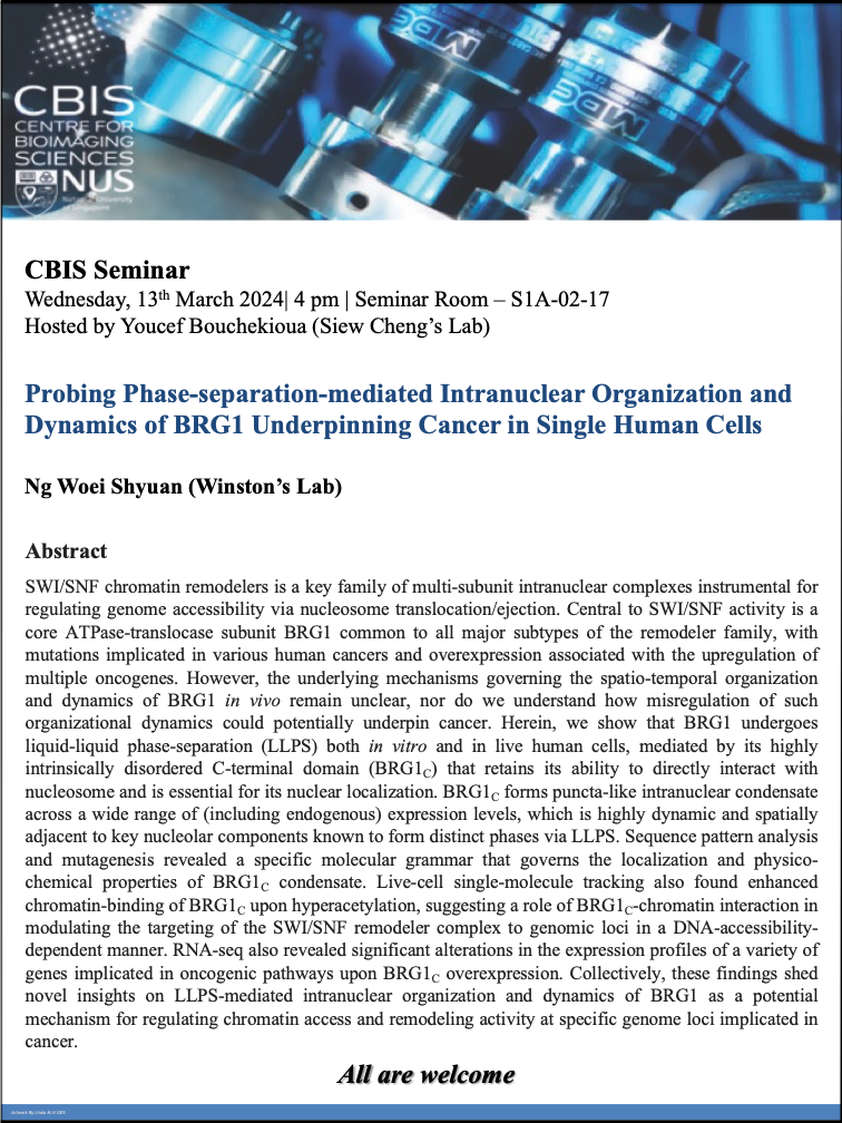 CBIS Seminar: Probing phase-separation-mediated intranuclear organization and dynamics of BRG1 underpinning cancer in single human cells
