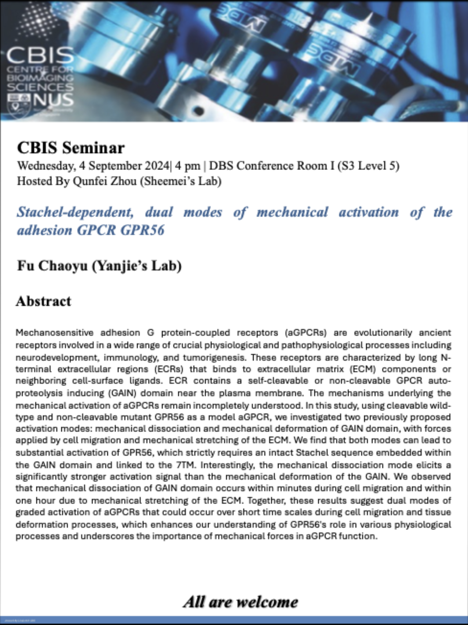 CBIS Seminar: Stachel-dependent, dual modes of mechanical activation of the adhesion GPCR GPR56