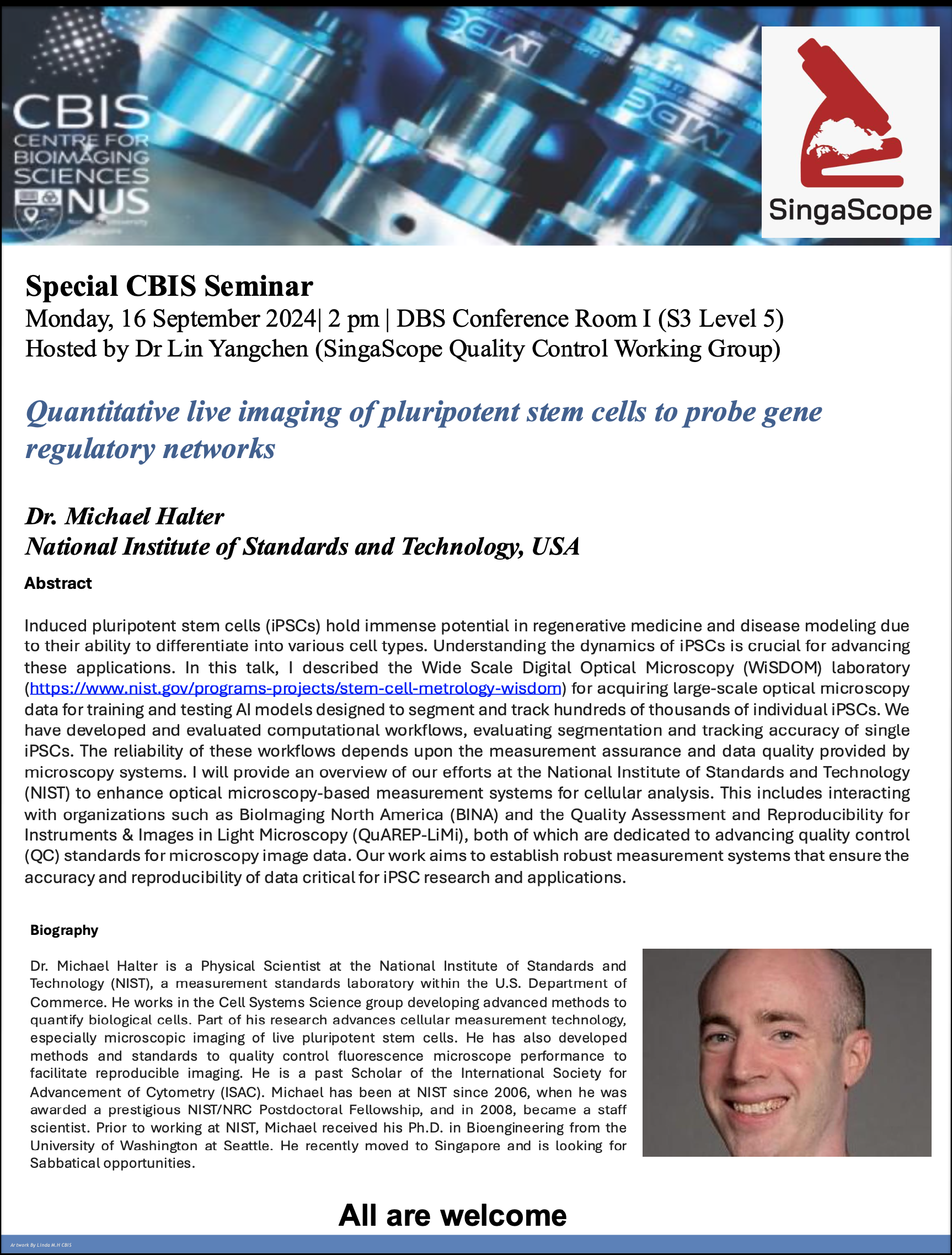 Special CBIS Seminar: Quantitative live imaging of pluripotent stem cells to probe gene regulatory networks